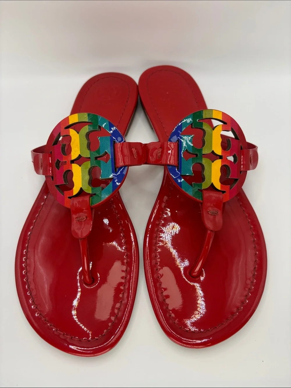 Tory Burch Miller Red Patent Sandals with Rainbow Logo Medallions